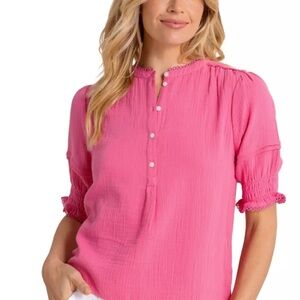 Southern Tide Pink Harlow Gauze Crochet Blouse Top XL